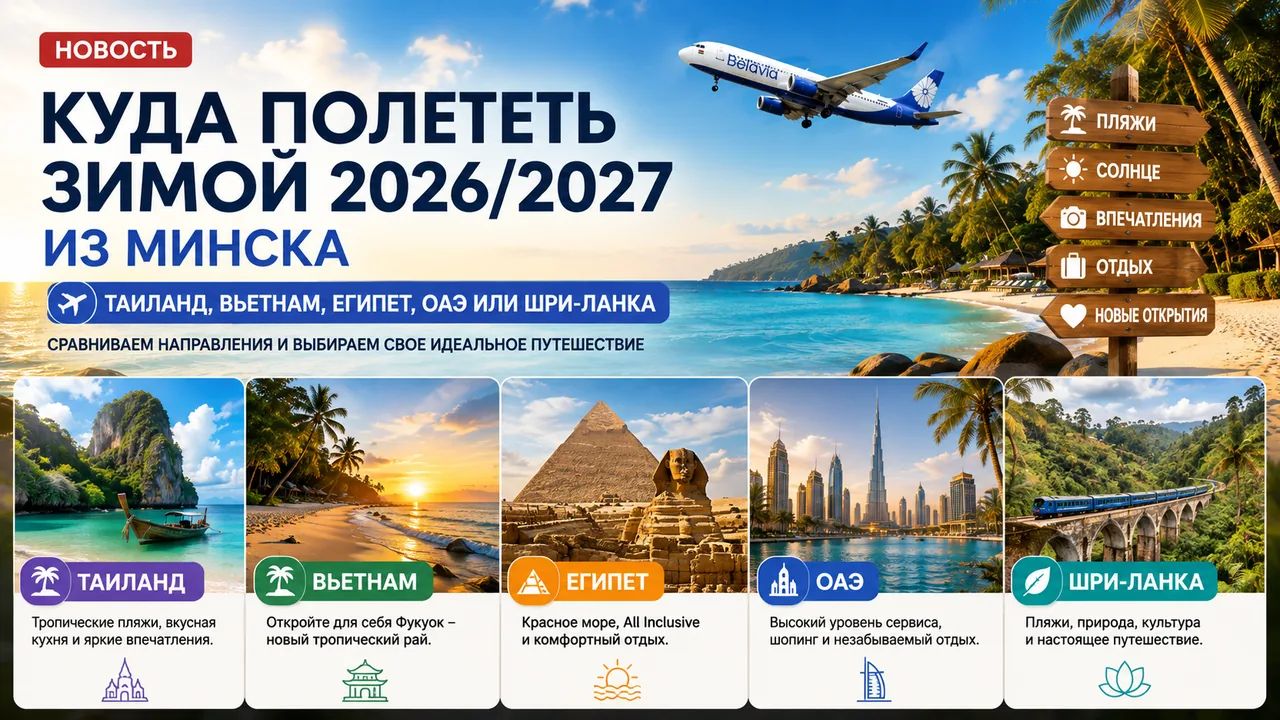 Куда полететь зимой 2026/2027 из Минска: Таиланд, Вьетнам, Египет, ОАЭ или Шри-Ланка